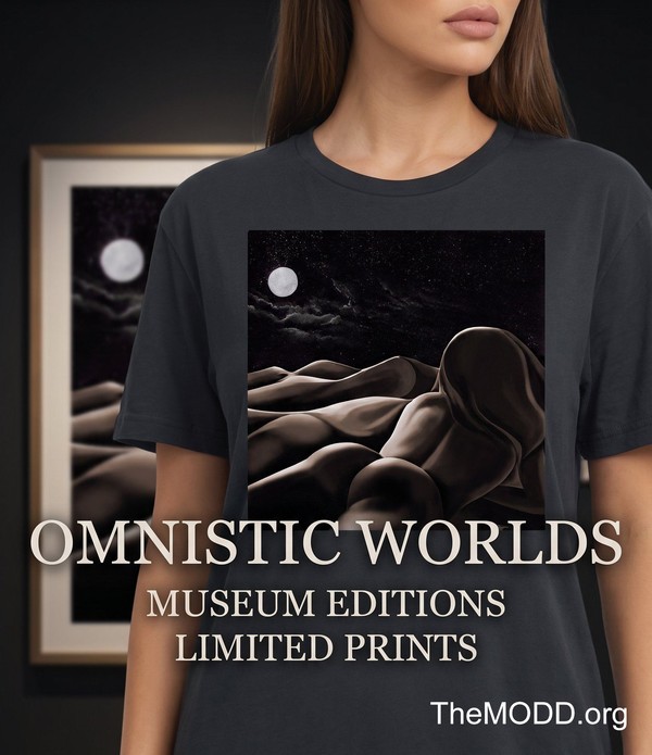 Woman wearing a Midnight Moon art T-shirt with the painting displayed behind her.